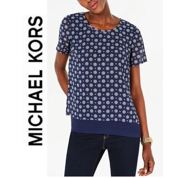 MICHAEL KORS, short sleeve geometric floral print blouse - Picture 2 of 11